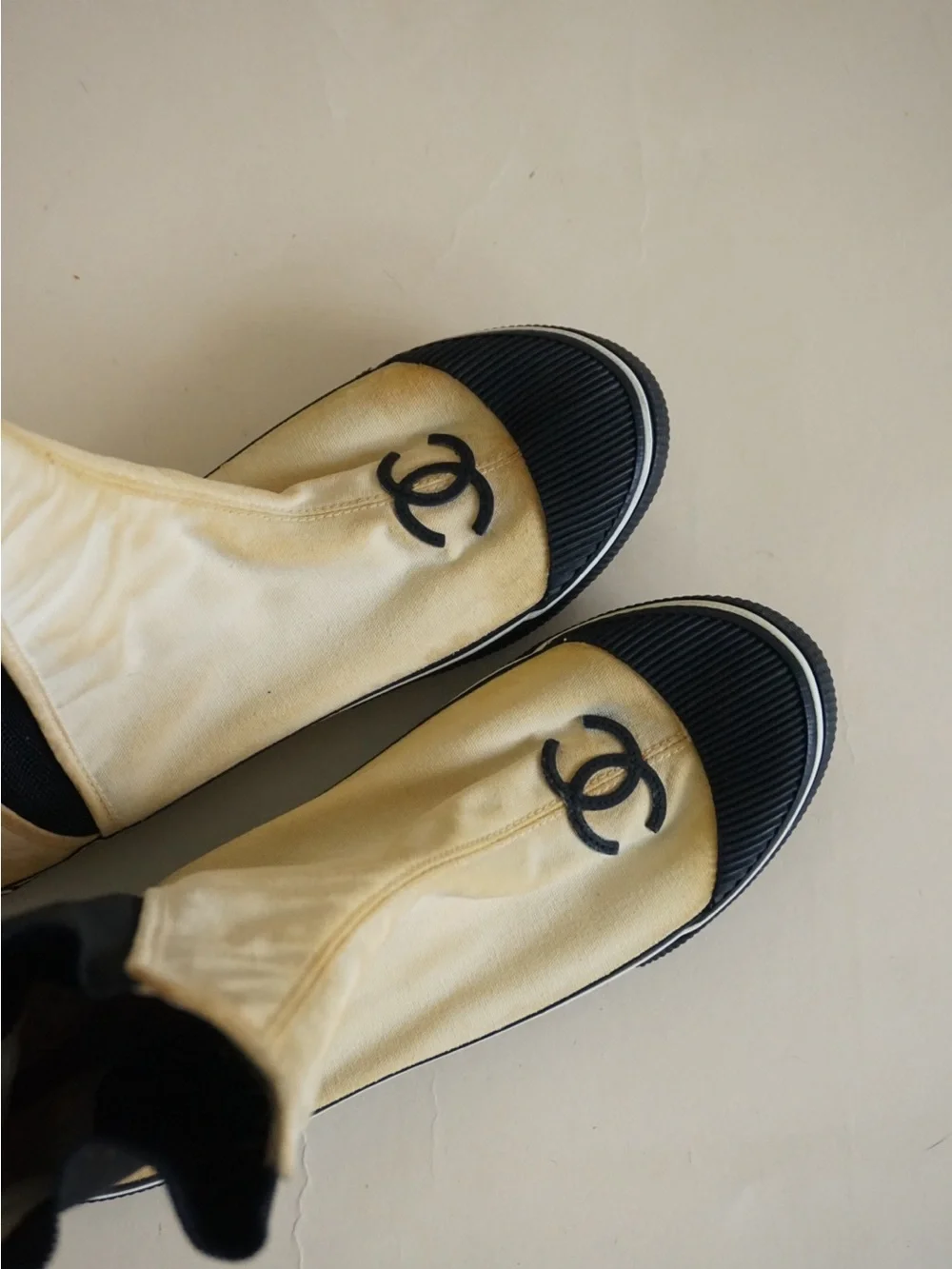 Vintage Chanel Ivory Cotton / Black Rubber Ankle Booties - Size 39 AS IS
